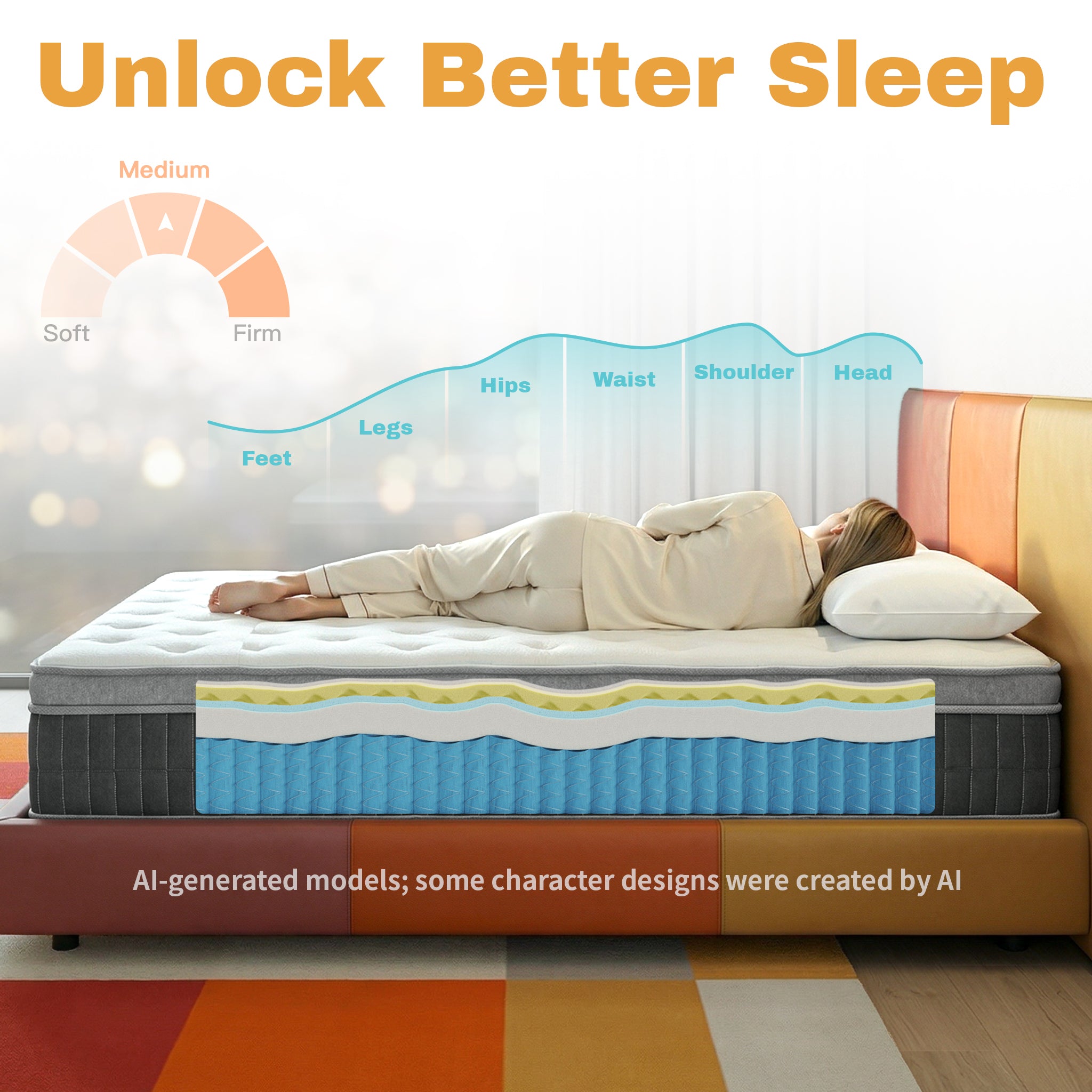 UNZIPE 14 Inch Full Size Mattress, Medium Firm Zoned Coil and Memory Foam | Independent Spring Zone Support, Skin-friendly Fabric for Better Breathability, Pressure Relief, Mattress in a Box